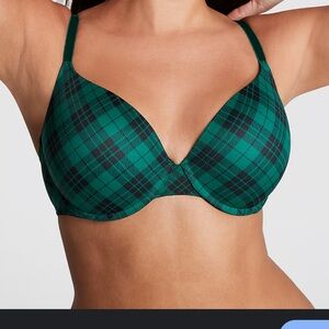 Victoria's Secret PINK Garnet Green Plaid Push Up Bra. Size 34D.